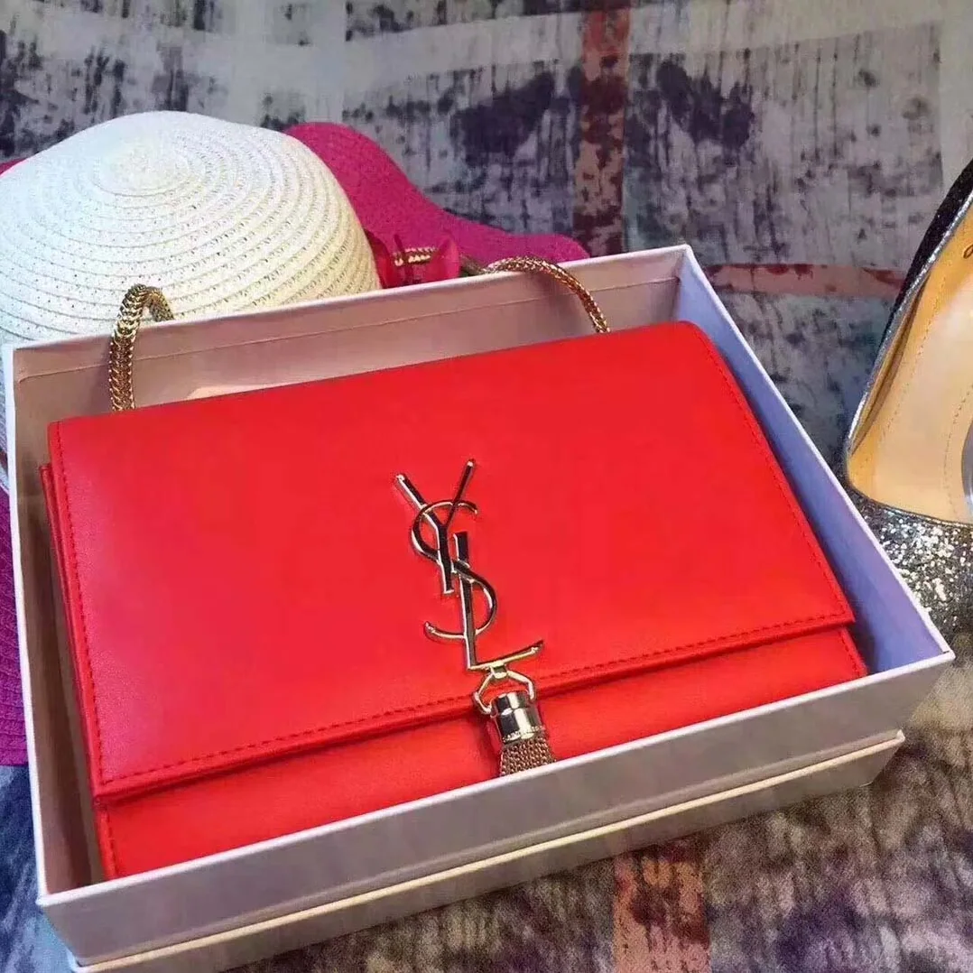 Saint Laurent YSL Medium Kate Tassel Chain Bag Calfskin Leather in Red