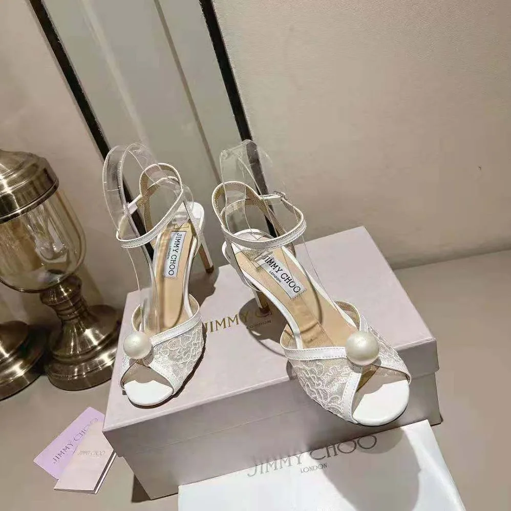 Jimmy Choo Sacora 85 Ivory Floral Lace Sandals with Pearl Detail for Women