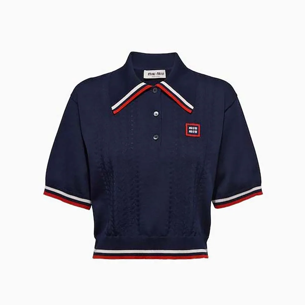 Miu Miu Cropped Silk and Cotton Polo Shirt for Women in Navy Miu Miu Cropped Silk and Cotton Polo Shirt for Women in Navy