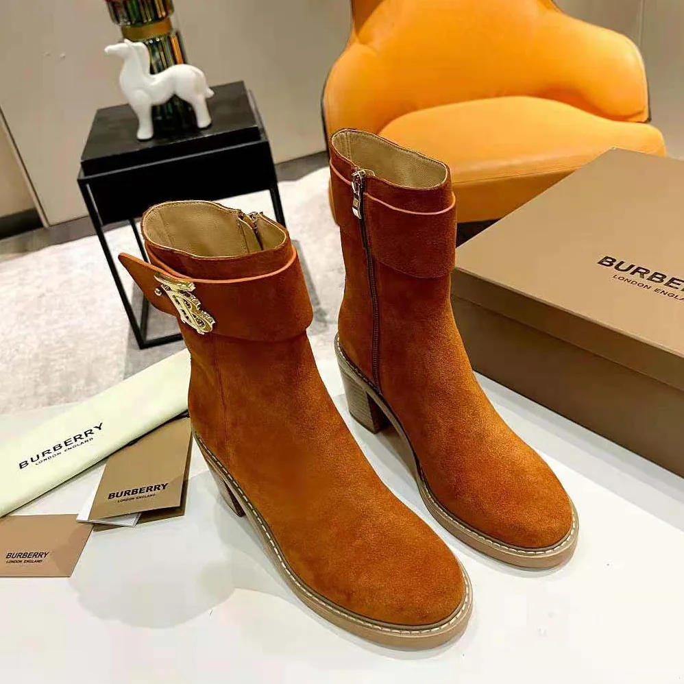 Burberry Monogram Motif Suede Block for Women in Heel Boots Burberry Monogram Motif Suede Block for Women in Heel Boots