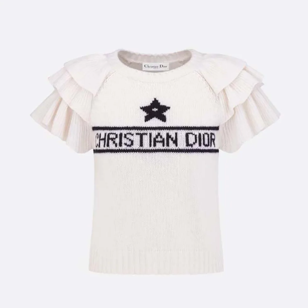 Dior Sweater with Ruffles White Cashmere Knit with Signature for Women