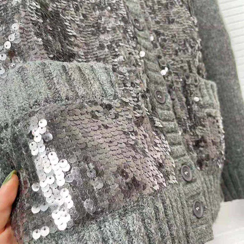 Prada Sequin Embellished Wool Cardigan for Women in Silver Prada Sequin Embellished Wool Cardigan for Women in Silver