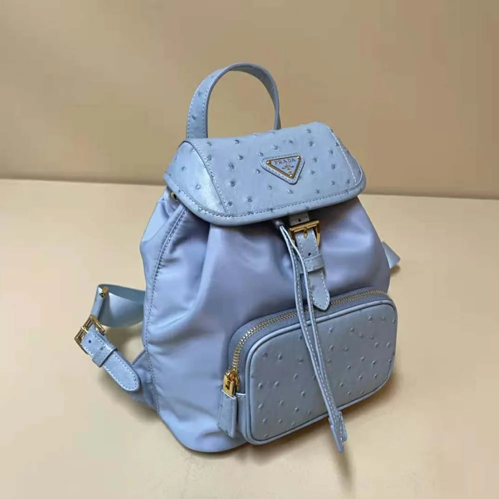 Prada Re-Nylon and Ostrich Leather Backpack for Women in Blue Prada Re-Nylon and Ostrich Leather Backpack for Women in Blue