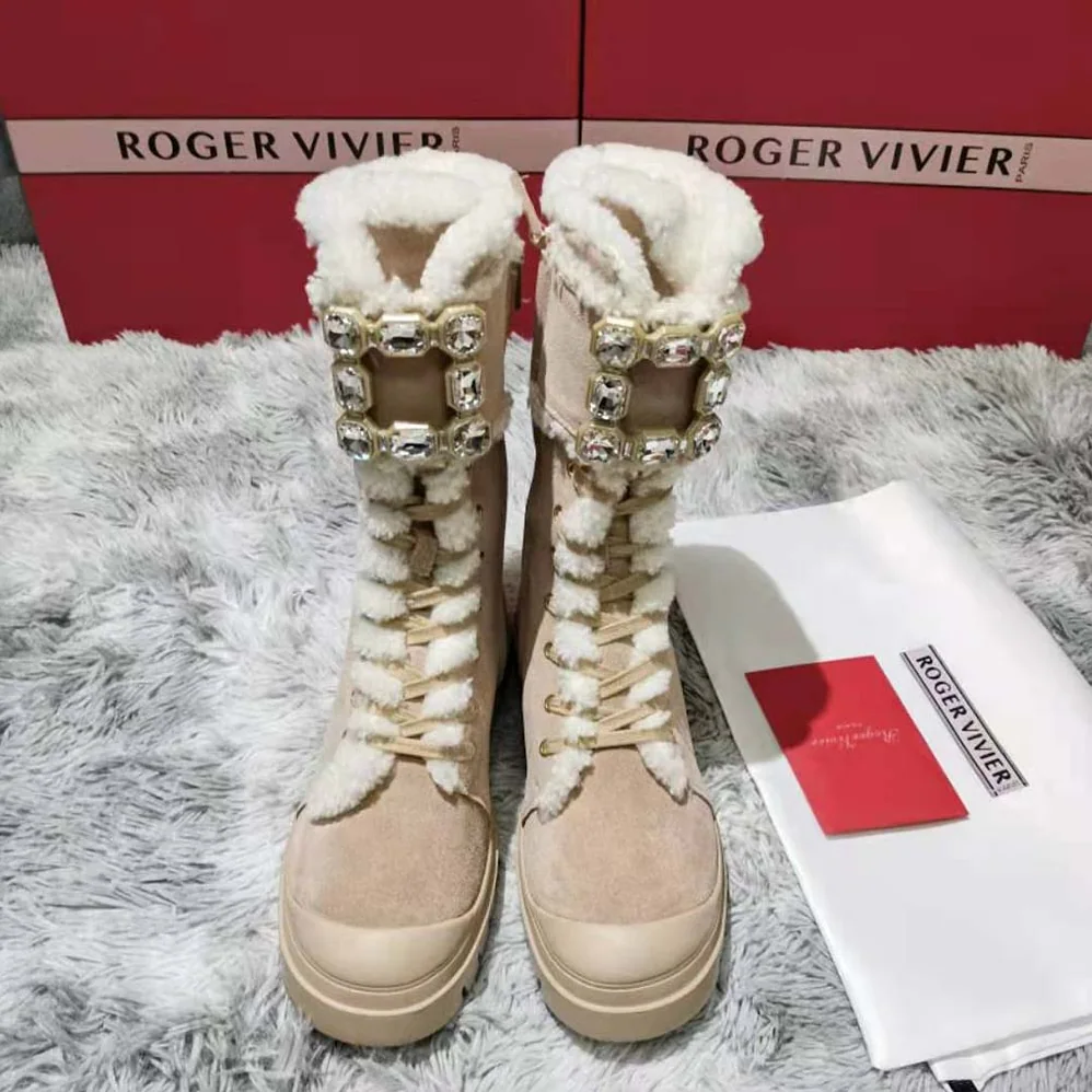 Roger Vivier Walky Viv' Lace Up Shearling Strass Buckle Booties in Suede for Women Roger Vivier Walky Viv' Lace Up Shearling Strass Buckle Booties in Suede for Women