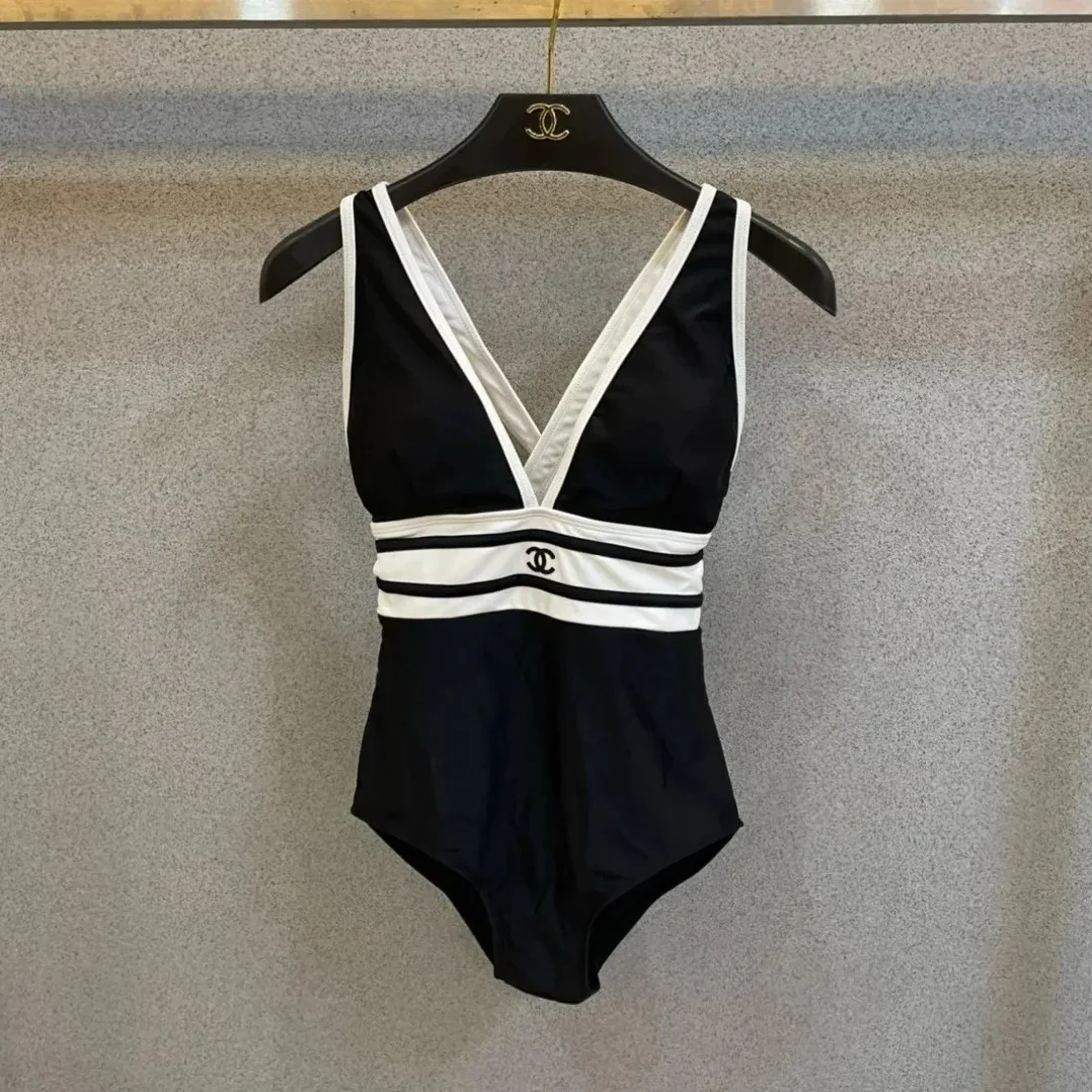 Chanel Striped V-Neck One in Piece Swimsuit Black