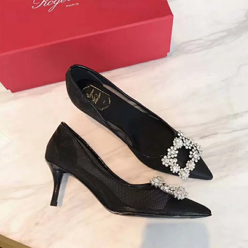 Roger Vivier Flower Strass Buckle Net Pumps 60mm Heel for Women
