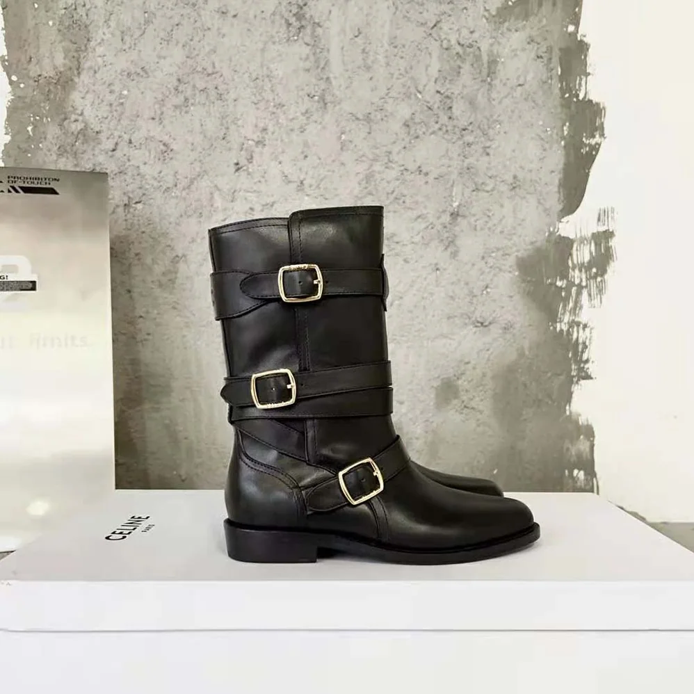 Celine Lyra Triple Buckles Boot in Calfskin for Women in Black