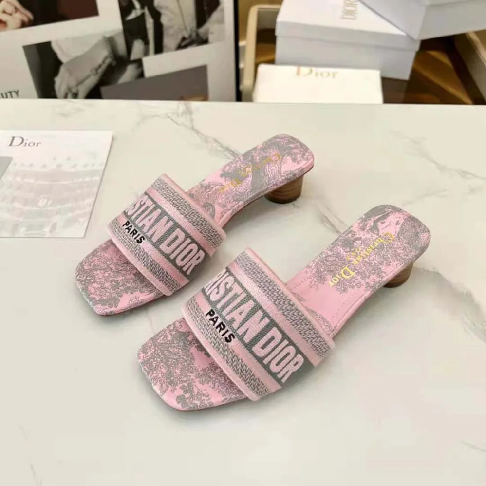 Dior Dway heeled Slide Gray and Pink Embroidered Cotton with Toile de Jouy Reverse Motif for Women