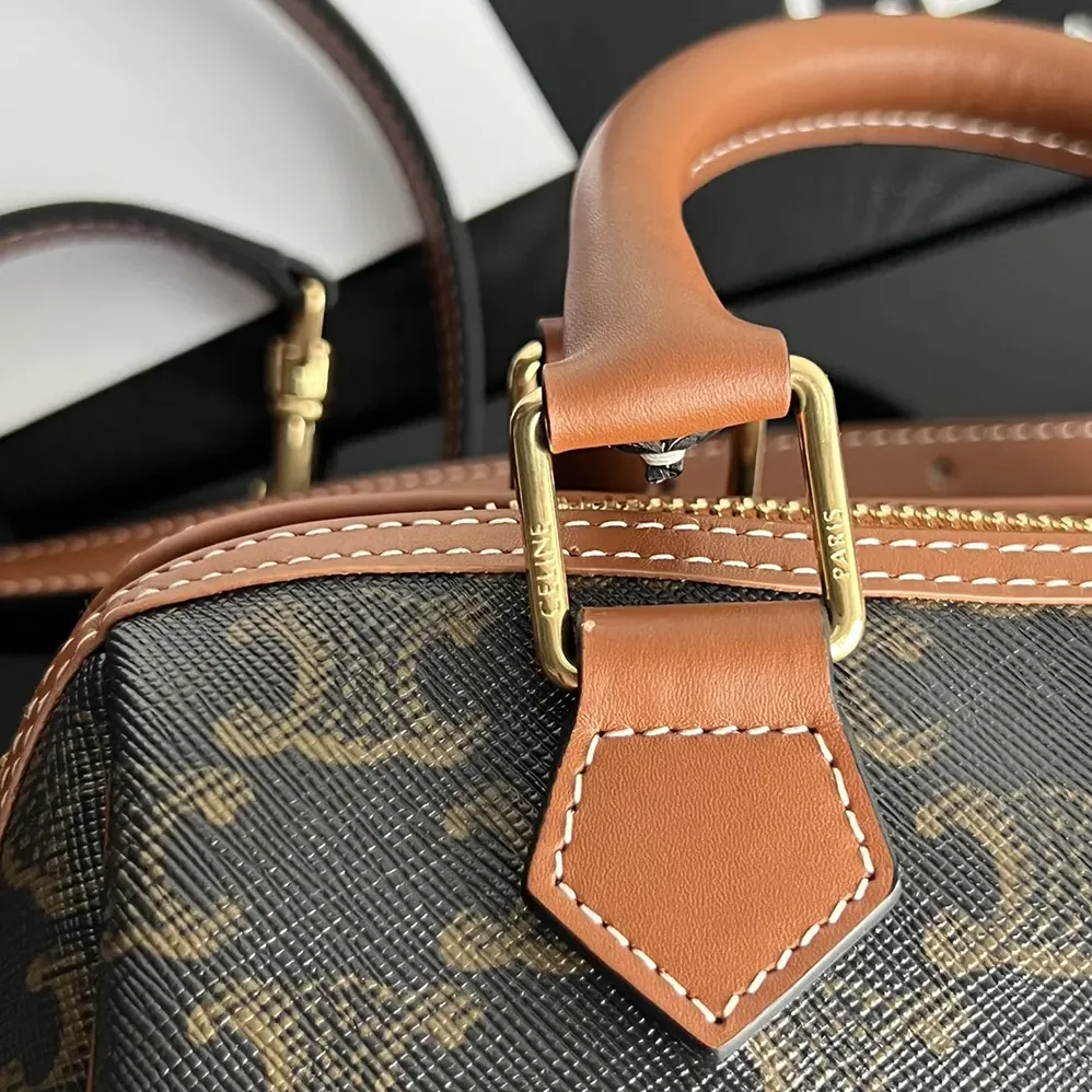 Celine Small Boston in Triomphe Canvas and Calfskin for Women in Tan