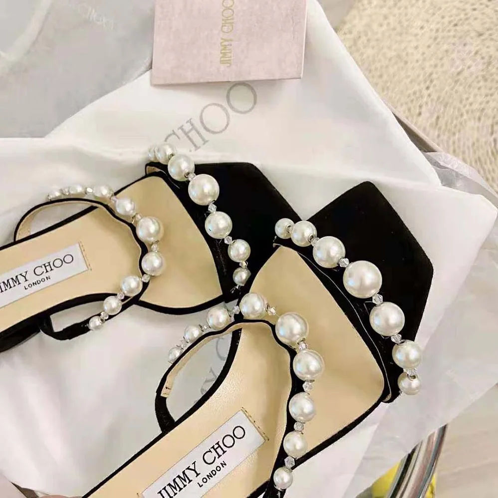 Jimmy Choo Amara 45 Black Suede Mules with Pearl Embellishment for Women Jimmy Choo Amara 45 Black Suede Mules with Pearl Embellishment for Women