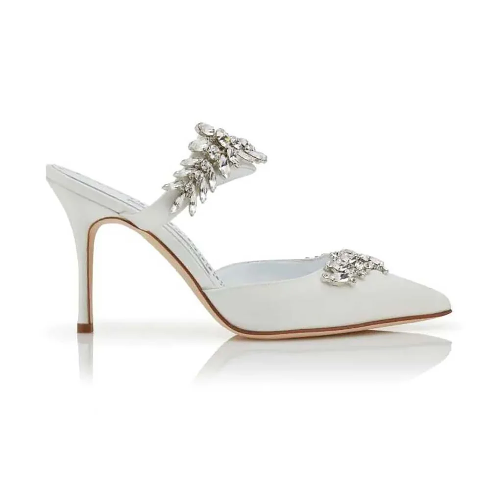 Manolo Blahnik White Satin Crystal Embellished Mules for Women