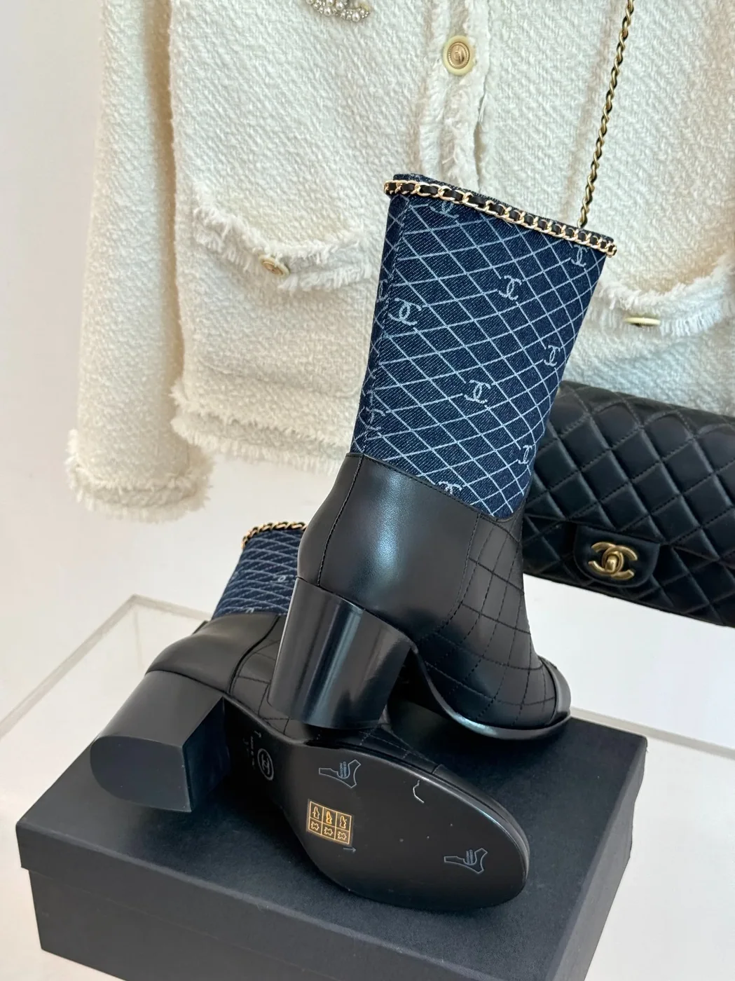 Chanel Double C Chunky Heel Boots With Chain Detail Blue Denim Chanel Double C Chunky Heel Boots With Chain Detail Blue Denim