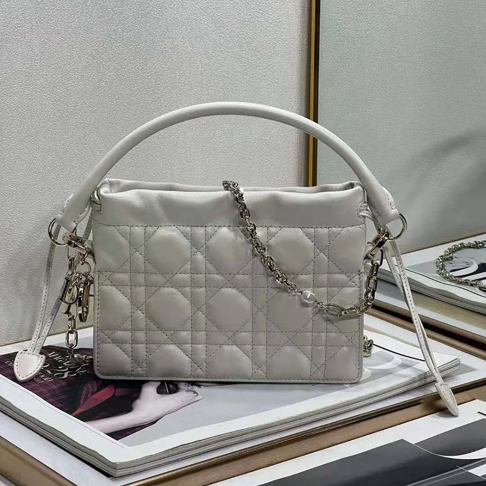 Dior Lady Dior Top Handle Drawstring Mini Bag Latte Cannage Lambskin for Women Dior Lady Dior Top Handle Drawstring Mini Bag Latte Cannage Lambskin for Women