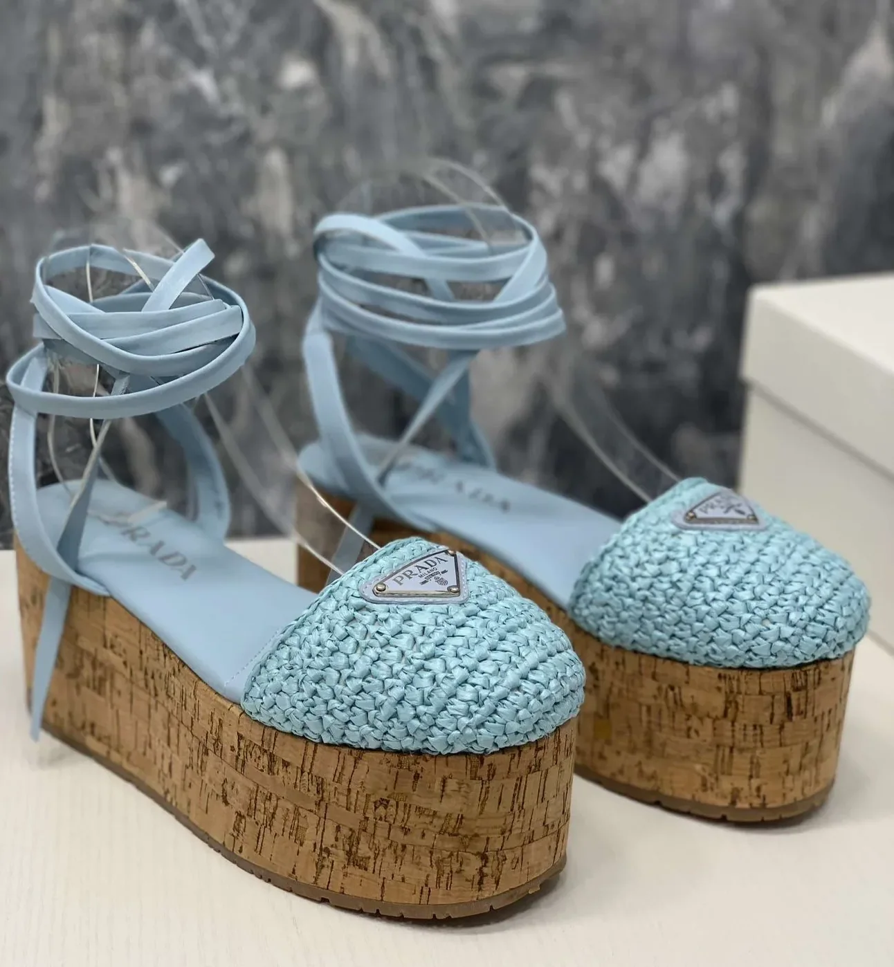 Prada Crochet Wedge Sandals Light Blue