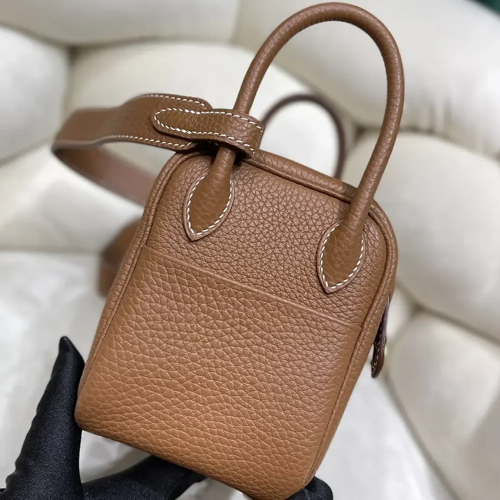 Hermes Lindy Mini 19 in Clemence Leather for Women in Brown/Gold
