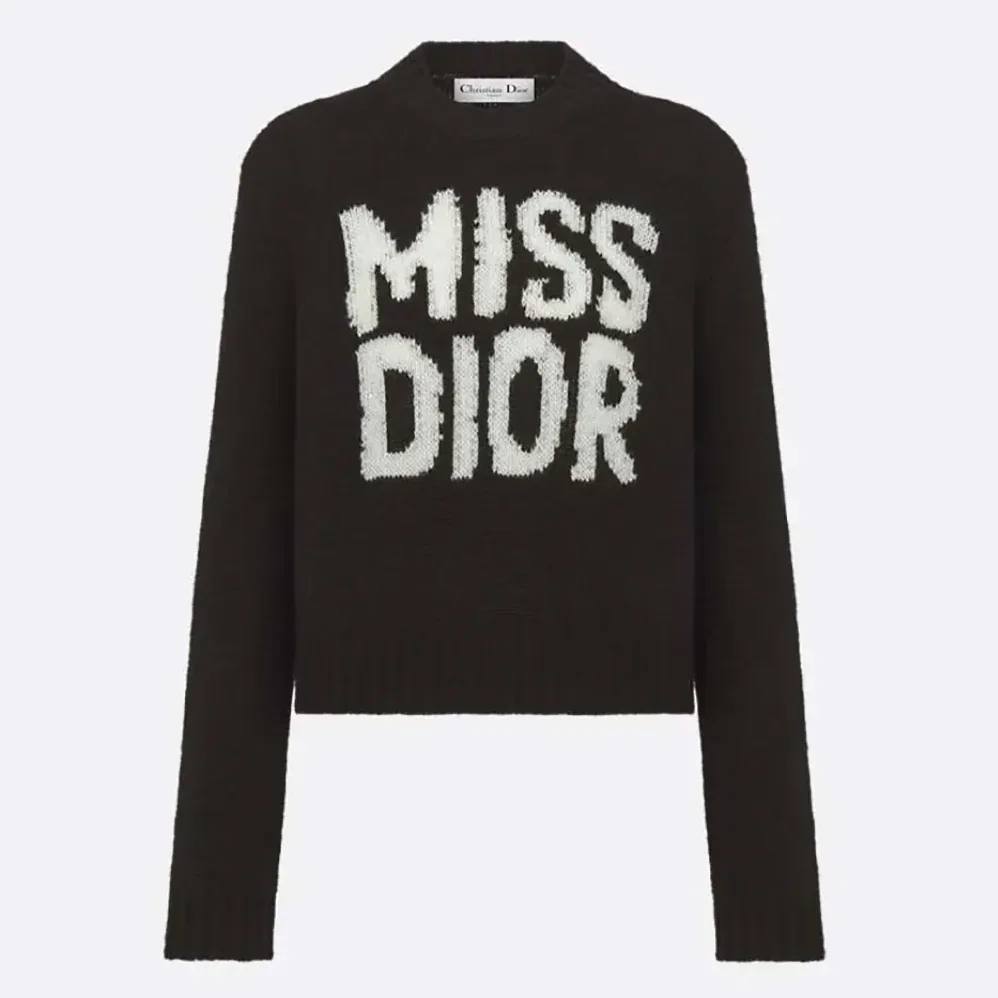 Dior Sweater Black Cashmere and Silk Knit with White Miss Dior Graffiti Motif for Women Dior Sweater Black Cashmere and Silk Knit with White Miss Dior Graffiti Motif for Women