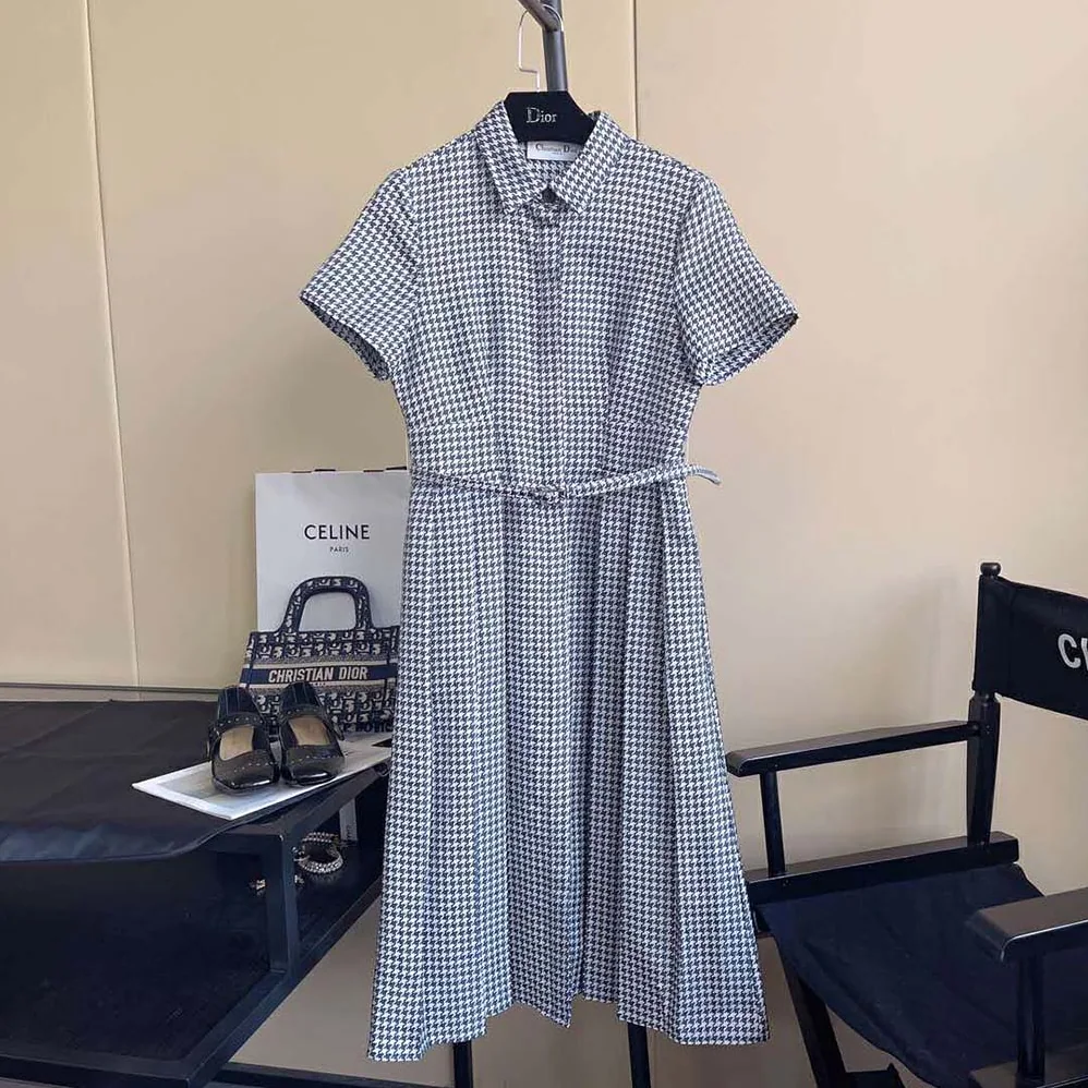 Dior Mid-Length Belted Dress Black and White Technical Cotton Jacquard and Silk for Women