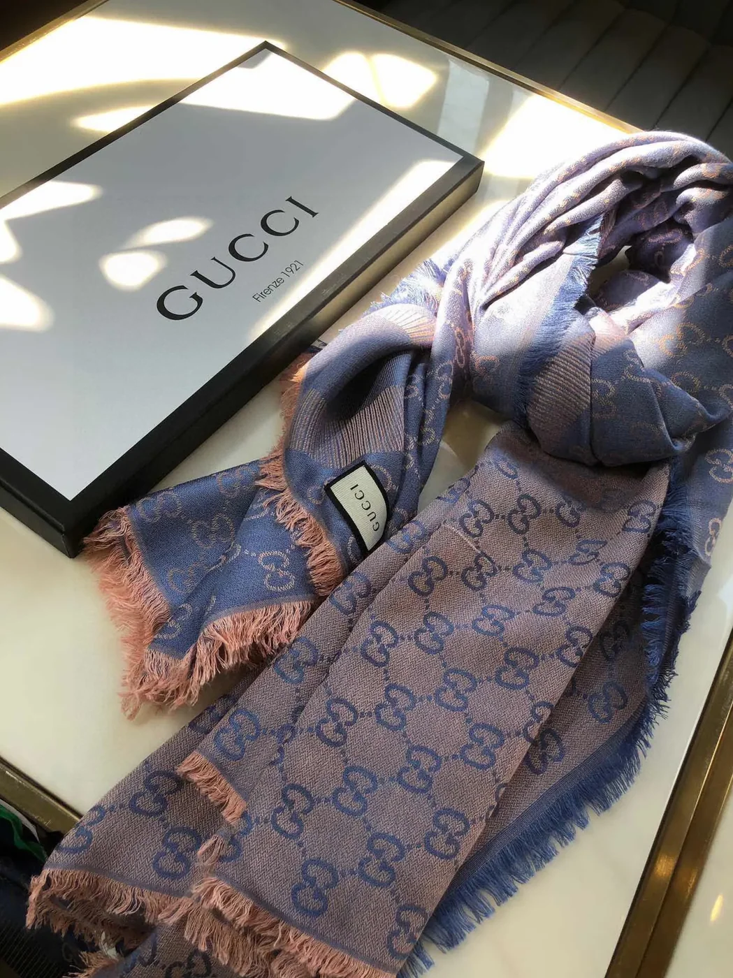 Gucci GG Jacquard Silk Wool Shawl Blue / Gucci GG Jacquard Silk Wool Shawl Blue /