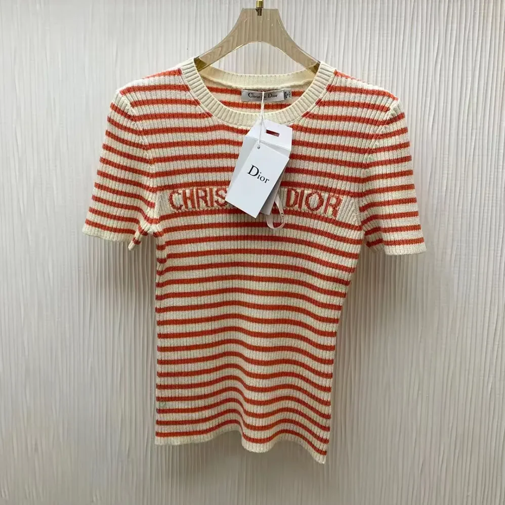 Dior Dioriviera Short-Sleeved Sweater White and Candy Pink Cotton Ribbed Knit for Women Dior Dioriviera Short-Sleeved Sweater White and Candy Pink Cotton Ribbed Knit for Women