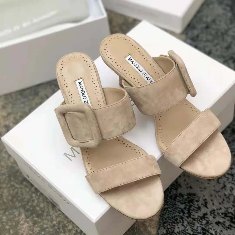 Manolo Blahnik Light Beige Suede Open Toe Mules for Women