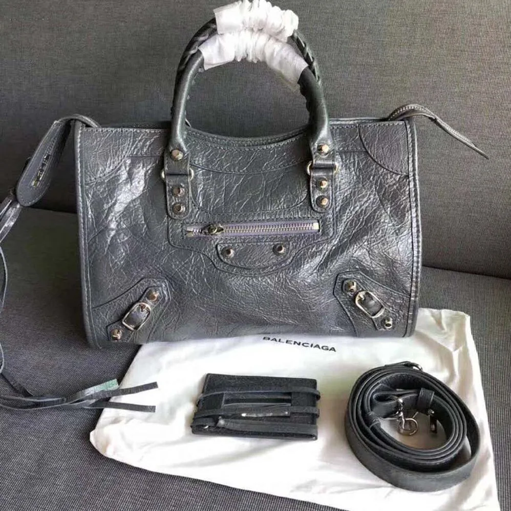 Balenciaga Classic Gold City Small Size Lambskin Bag for Women in Grey
