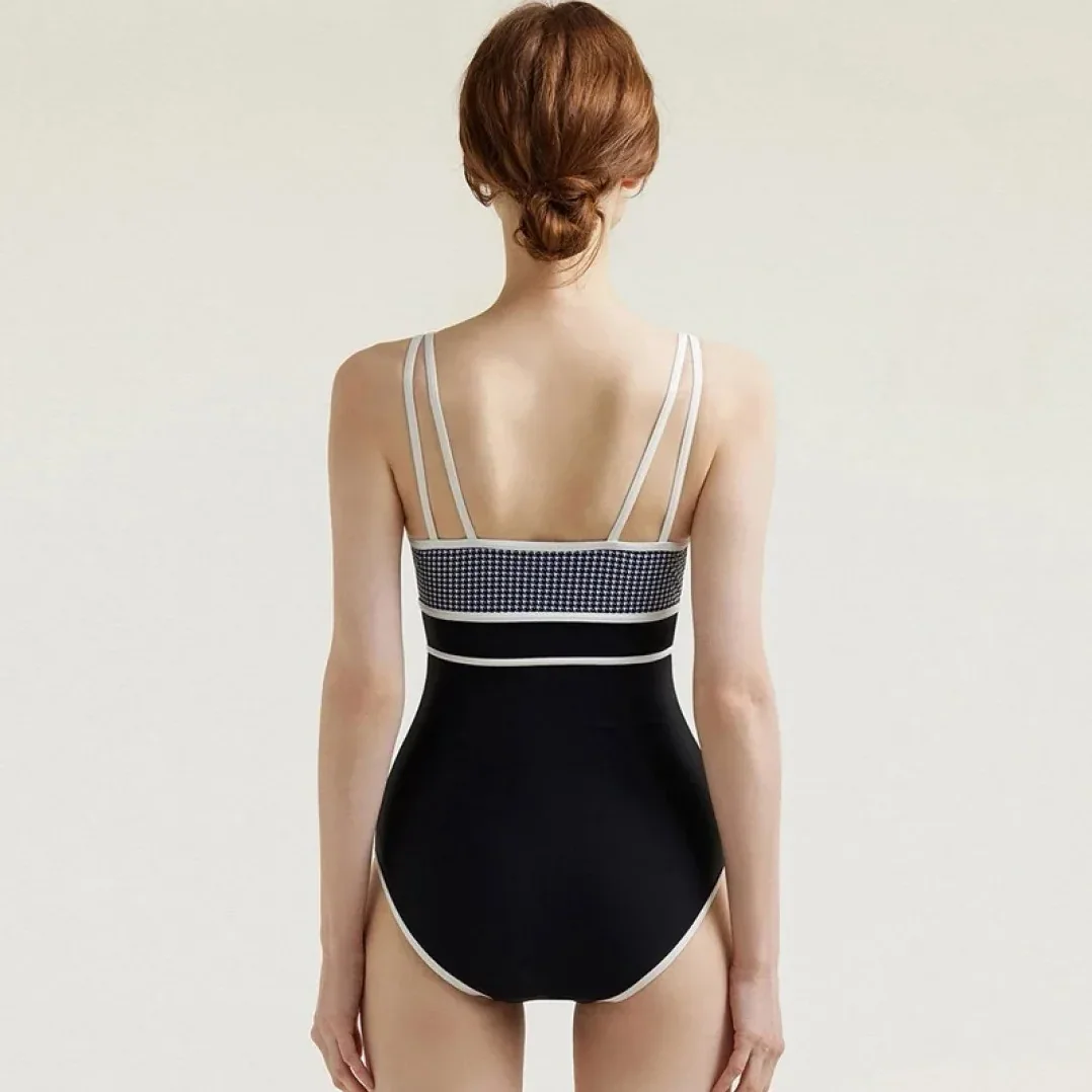 Chanel V-Neck One in Piece Swimsuit Black/ White