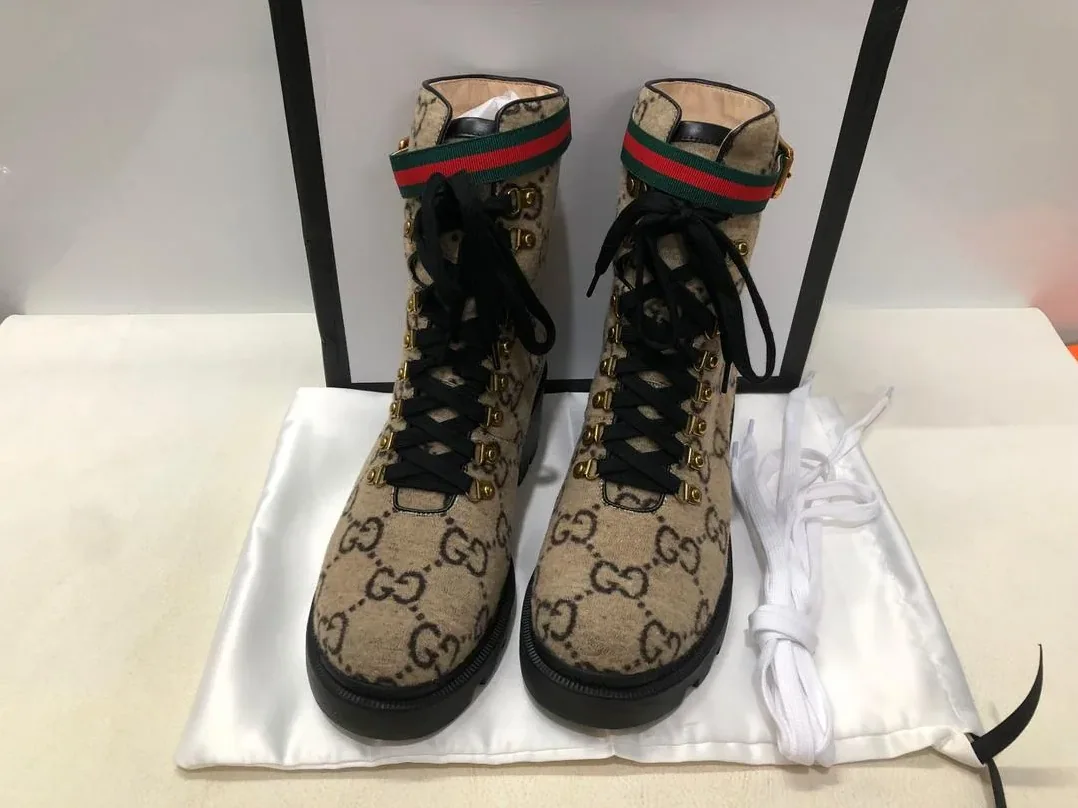Gucci Trip GG Wool Combat Boots By Canvas Beige in Ebony
