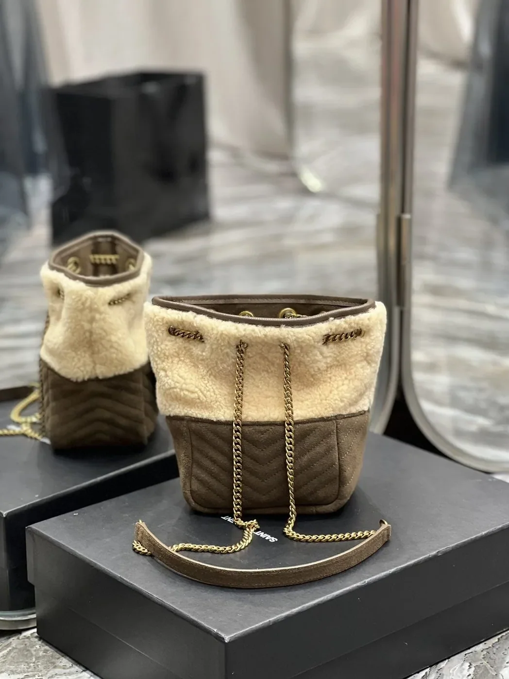 Saint Laurent Oe Mini Bucket Chevrons Brown Saint Laurent Oe Mini Bucket Chevrons Brown