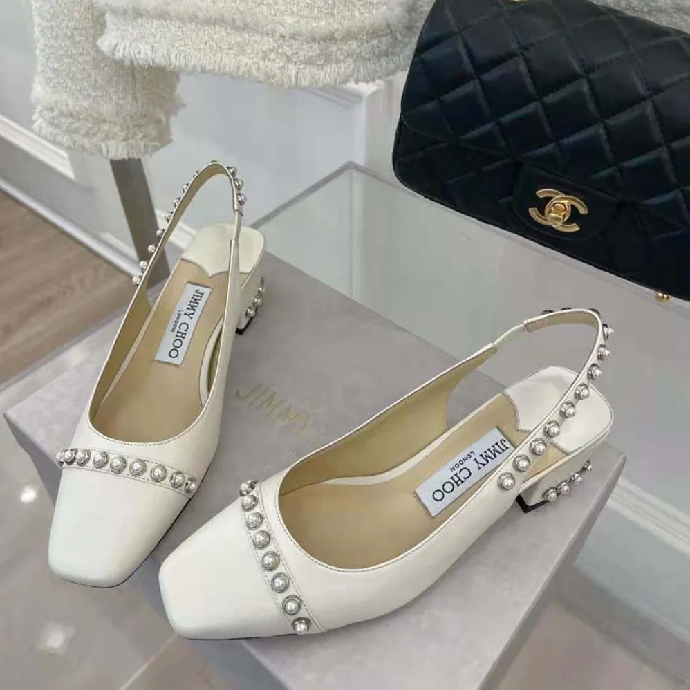 Jimmy Choo Hya 45 Latte Nappa Slingbacks with Pearl Studs for Women