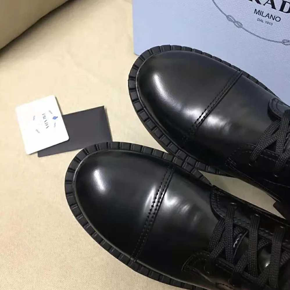 Prada Brushed Leather Laced Booties for Women in Black Prada Brushed Leather Laced Booties for Women in Black