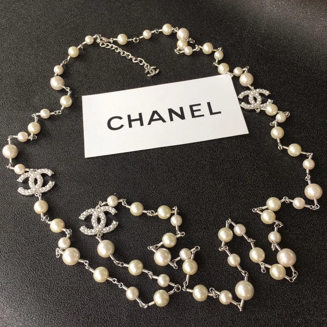 Chanel Double-CC Pearl Long Necklace Silver Hardware Chanel Double-CC Pearl Long Necklace Silver Hardware