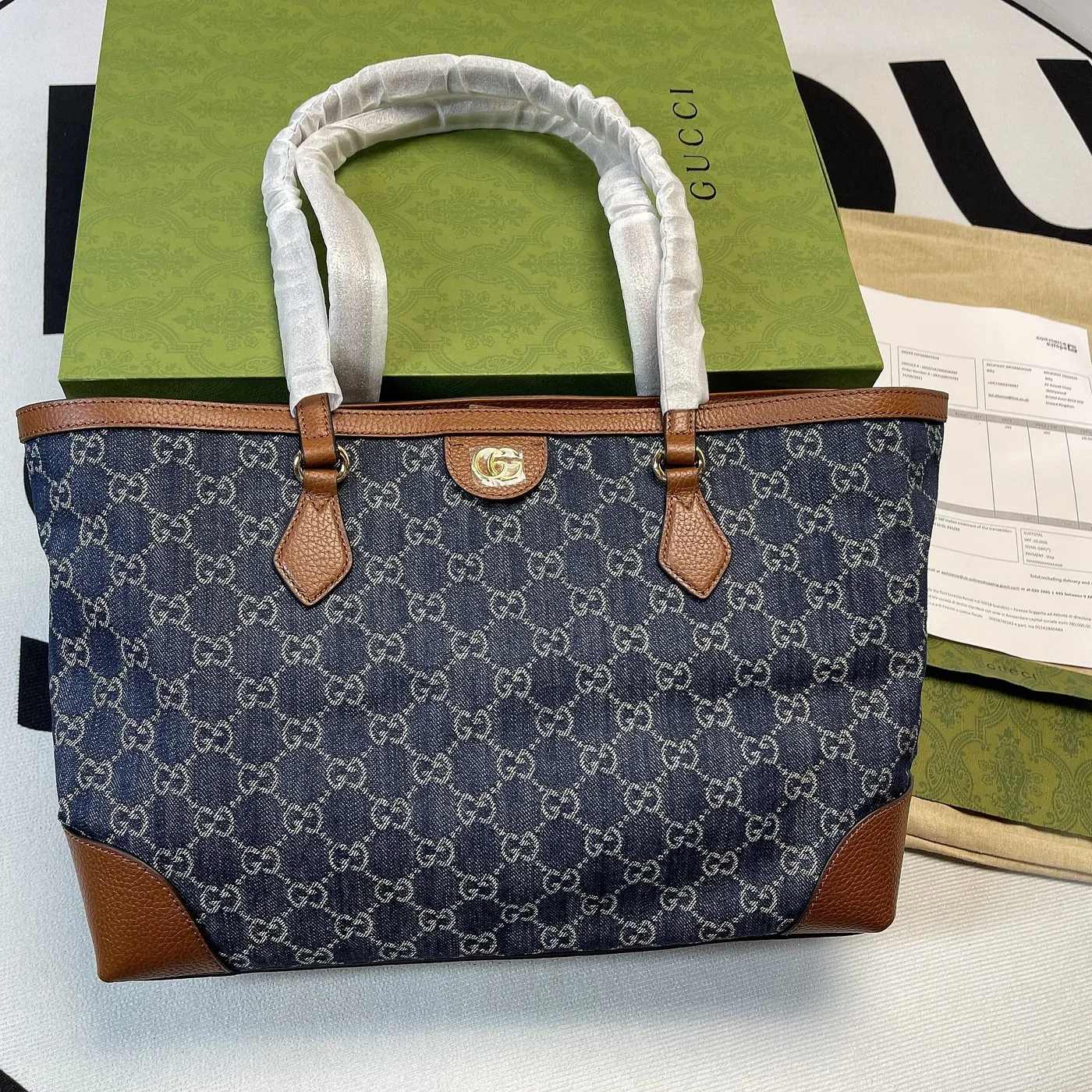 Gucci Ophidia GG Medium Tote Bag / Dark Blue/ Ivory Eco Washed Organic GG Jacquard Denim Gold Hardware Gucci Ophidia GG Medium Tote Bag / Dark Blue/ Ivory Eco Washed Organic GG Jacquard Denim Gold Hardware