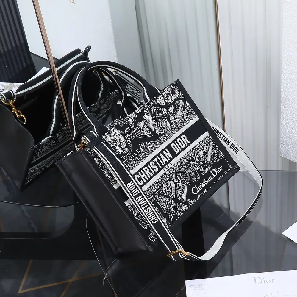 Dior Small Dior Book Tote Black and White Plan de Paris Embroidery with Black Calfskin for Women