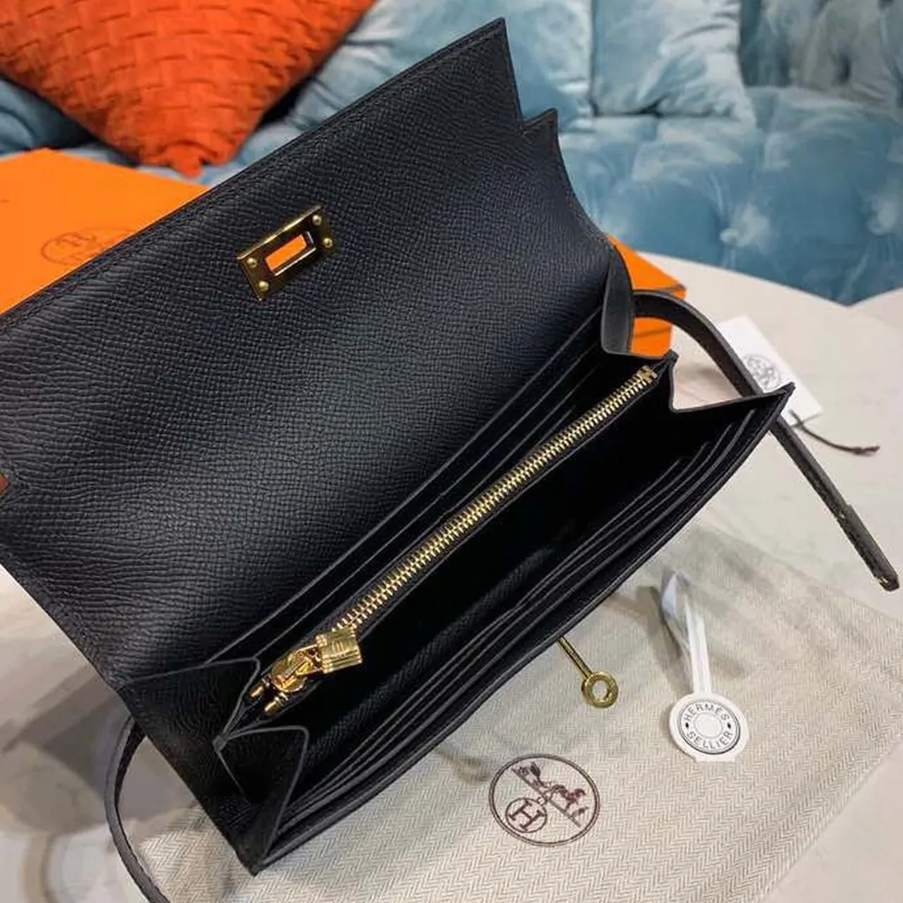 Hermes Kelly Wallet To Go Woc Black With Gold Toned Hardware Bag /