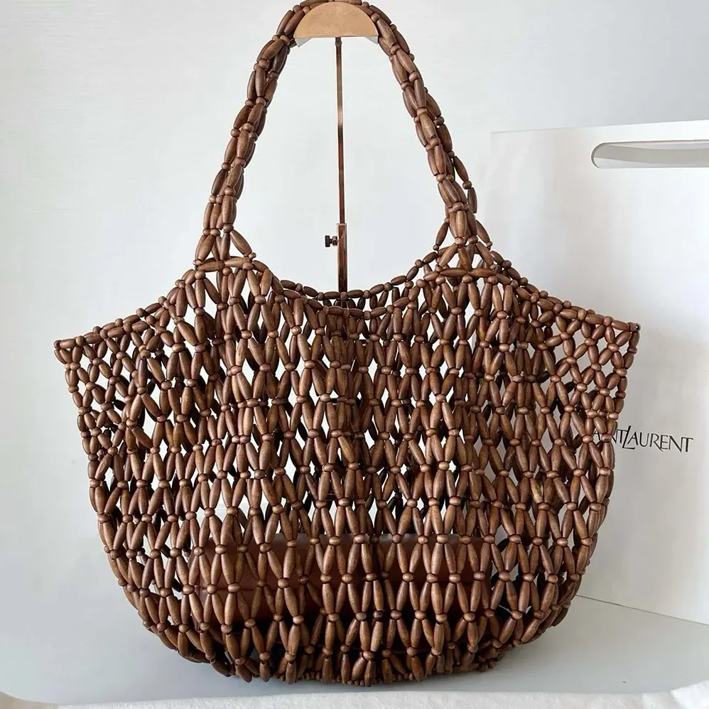 Saint Laurent YSL Icare Medium In Wood Beads Dark Brown for Women Saint Laurent YSL Icare Medium In Wood Beads Dark Brown for Women