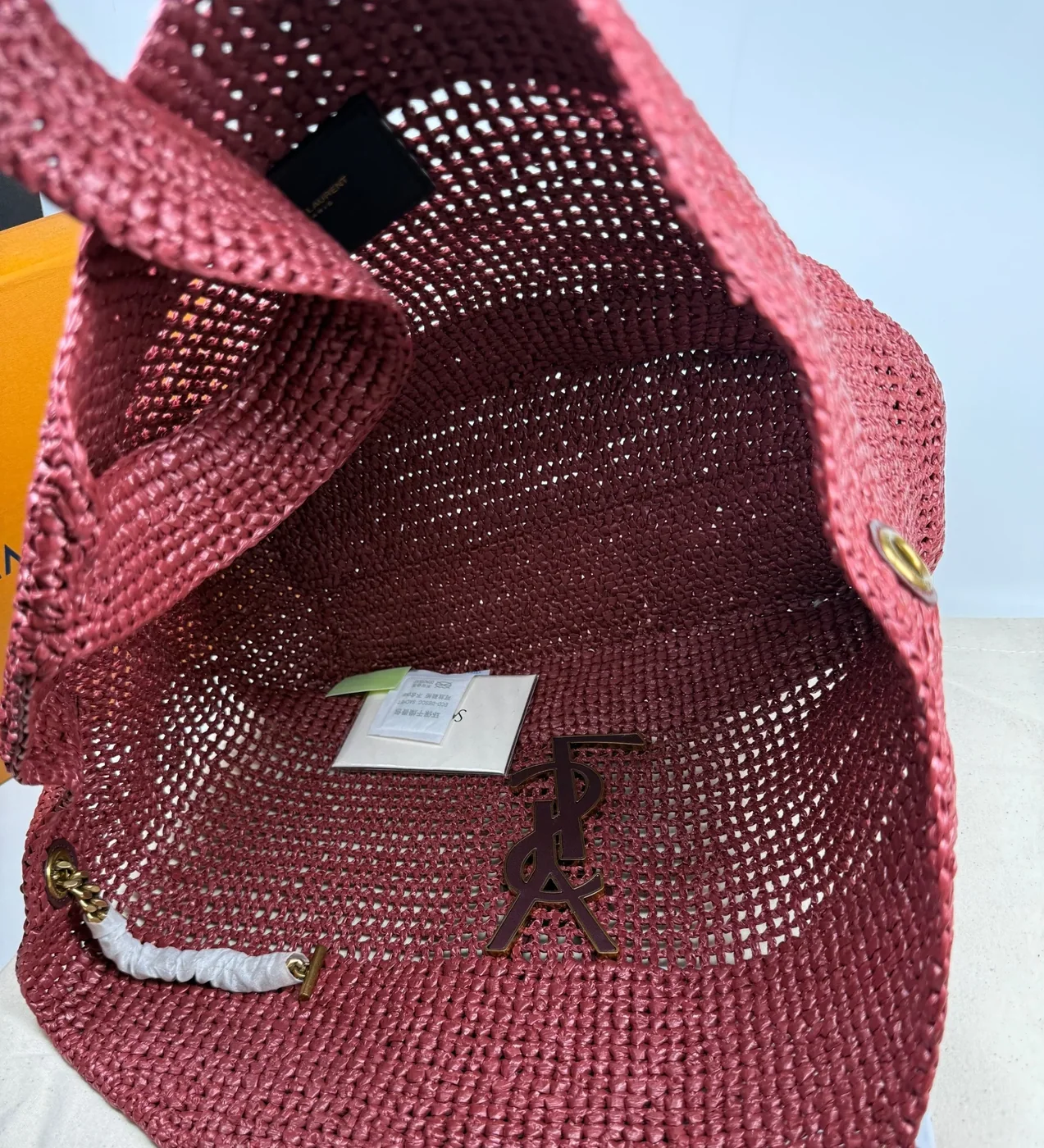 Saint Laurent Icare Medium Tote Bag / Rouge Cabernet Raffia Bronze Hardware Saint Laurent Icare Medium Tote Bag / Rouge Cabernet Raffia Bronze Hardware