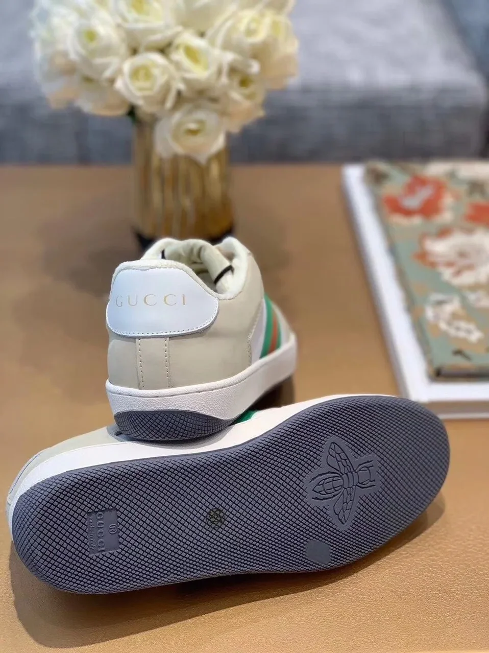 Gucci Screener Sneaker With Web Beige for Women in White Gucci Screener Sneaker With Web Beige for Women in White