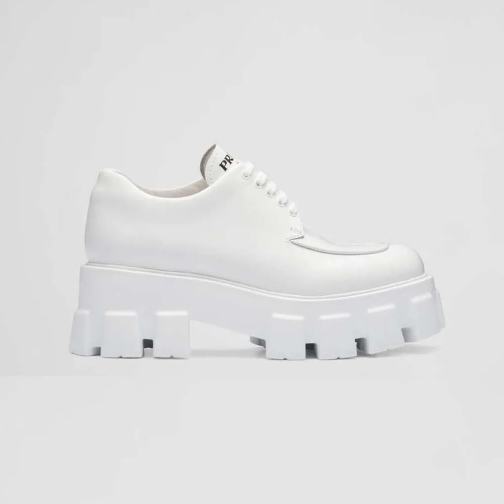 Prada Monolith Brushed Leather Lace-up Shoes for Women in White Prada Monolith Brushed Leather Lace-up Shoes for Women in White