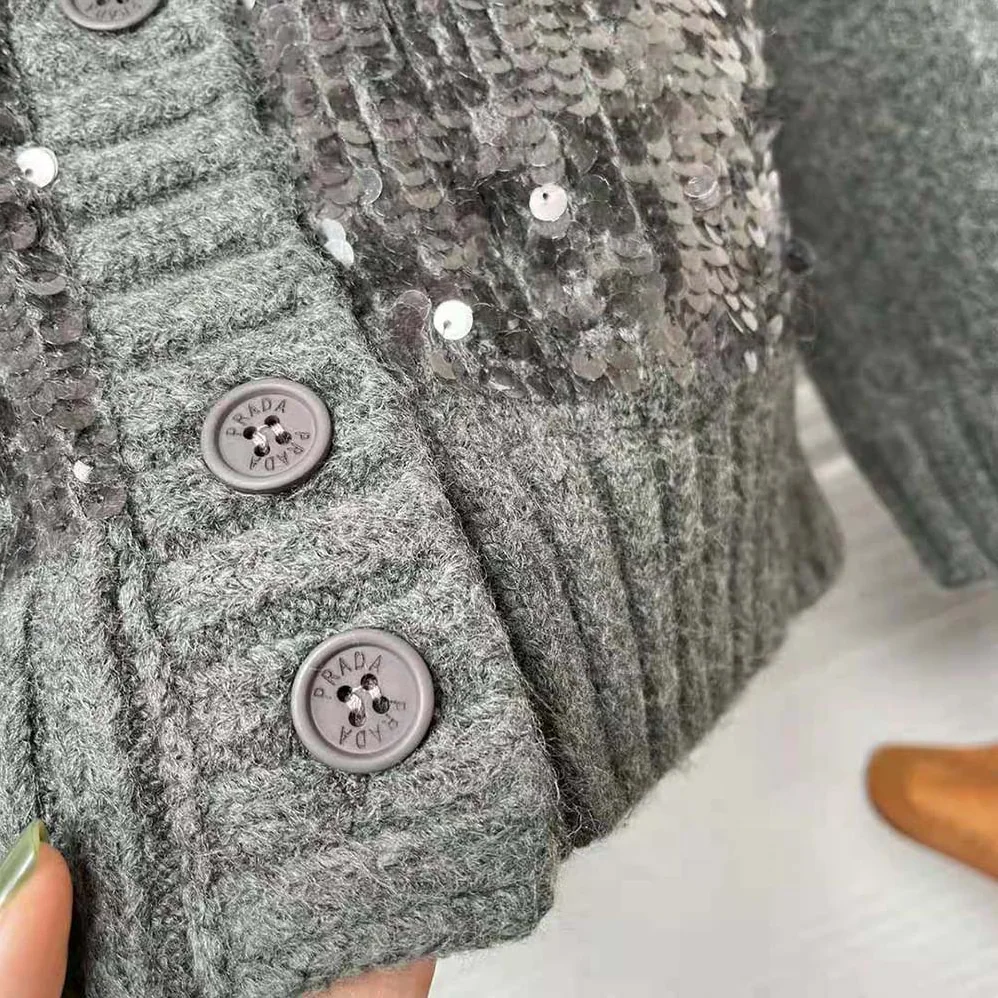 Prada Sequin Embellished Wool Cardigan for Women in Silver Prada Sequin Embellished Wool Cardigan for Women in Silver