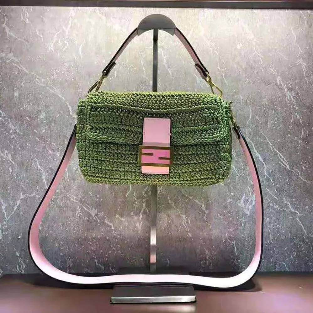 Fendi Baguette Bag in Traditional Cotton Crochet Bag for Women in Green Fendi Baguette Bag in Traditional Cotton Crochet Bag for Women in Green