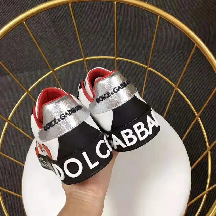 Dolce Gabbana D&G Calfskin Nappa Portofino Sneakers with Heart Print for Women in Red