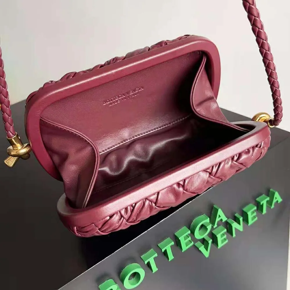 Bottega Veneta Knot On Strap Foulard Intreccio Leather Minaudiere with Strap for Women in Maroon