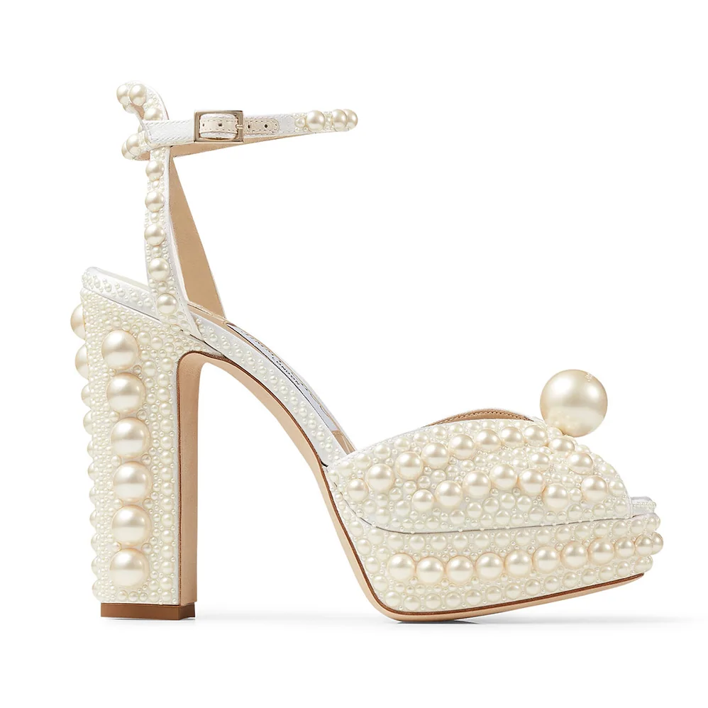 Jimmy Choo Sacaria/pf 120 White Satin Platform Sandals with All for Women in Over Pearl Embellishment