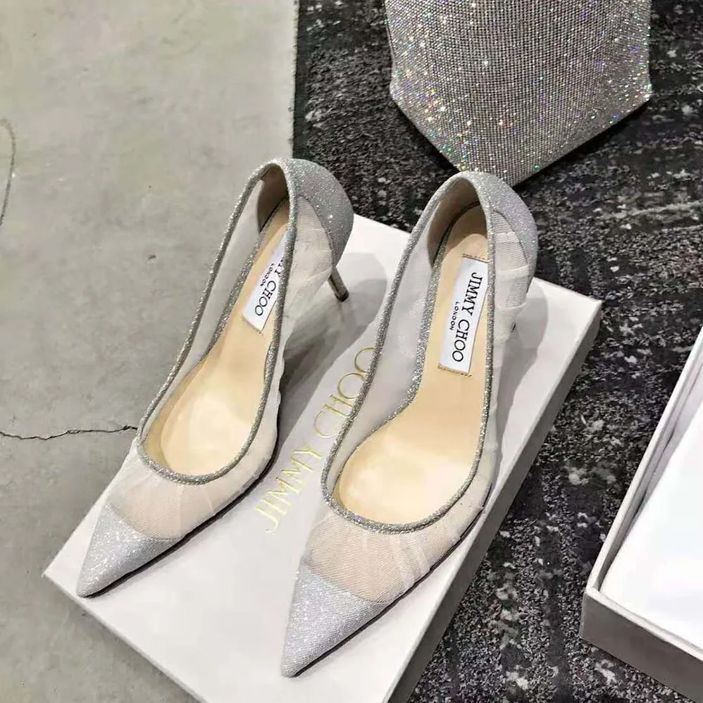 Jimmy Choo Love 100 Metallic Silver Glitter Fabric Pumps with Ivory Tulle Overlay for Women Jimmy Choo Love 100 Metallic Silver Glitter Fabric Pumps with Ivory Tulle Overlay for Women