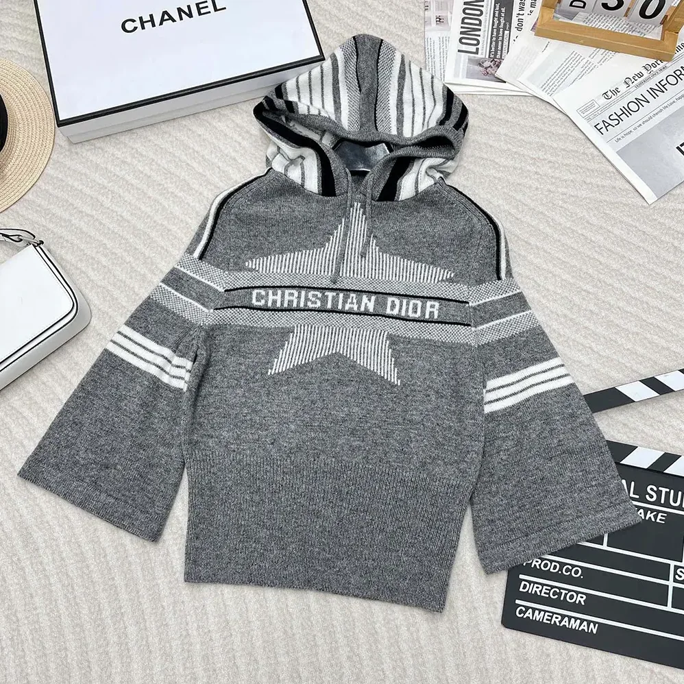 Dior DiorAlps Three-Quarter Sleeve Hooded Sweater Gray Wool for Women