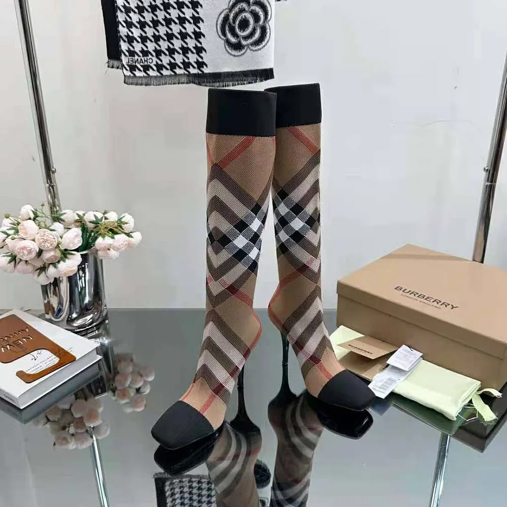 Burberry Knitted Check Sock Boots for Women in Brown