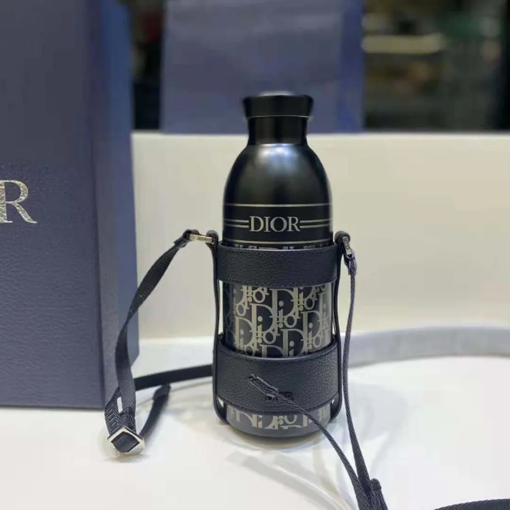 Dior Aqua Bottle with Shoulder Strap Black Grained Calfskin and Dior Oblique Stainless Steel for Unisex