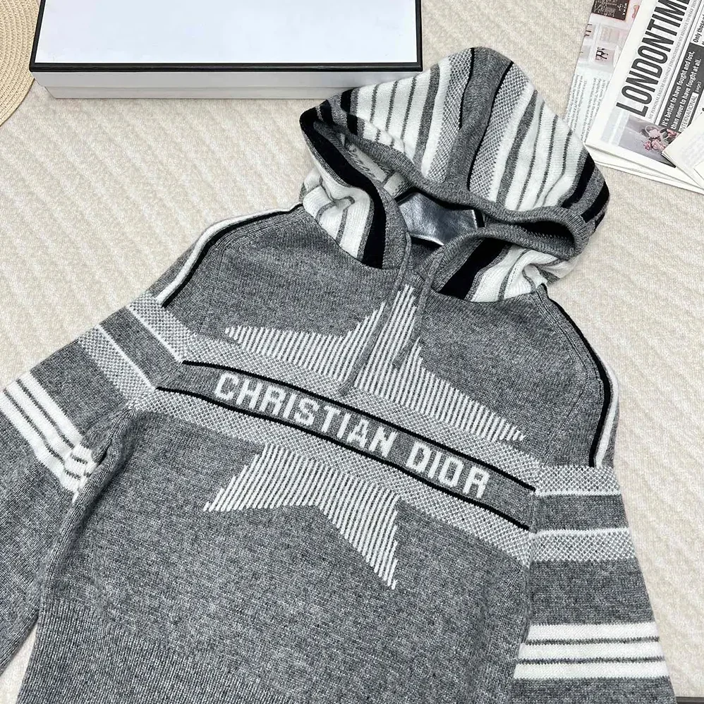 Dior DiorAlps Three-Quarter Sleeve Hooded Sweater Gray Wool for Women