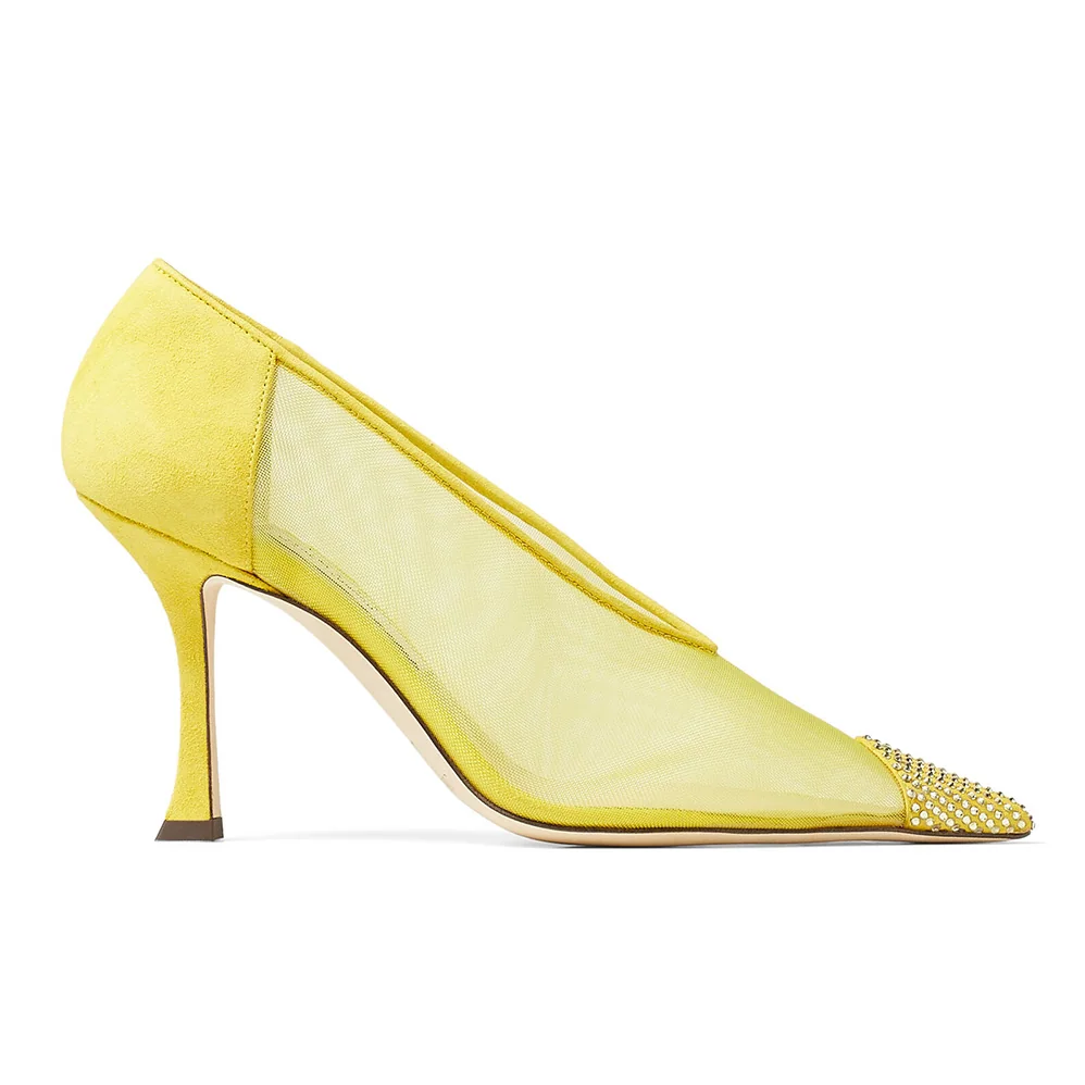 Jimmy Choo Nicole 90 Yellow Mesh and Suede Pumps with Crystal Embellishment for Women