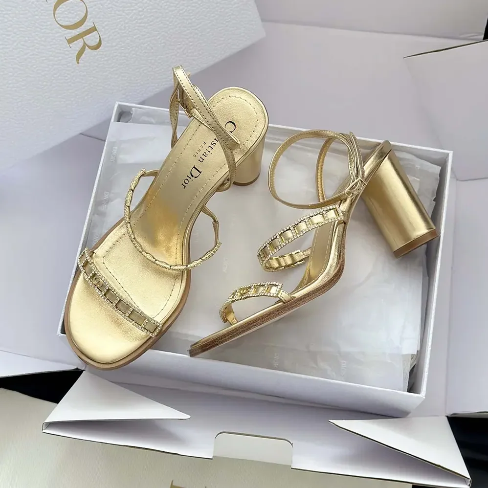 Dior Diorissime Heeled Sandal Gold-Tone Laminated Lambskin and Silver for Women in Tone Strass Dior Diorissime Heeled Sandal Gold-Tone Laminated Lambskin and Silver for Women in Tone Strass